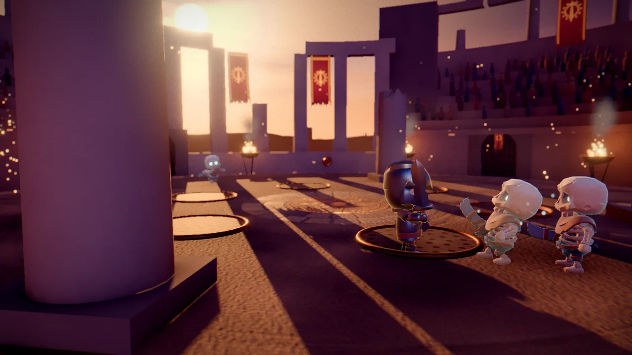 An armoured knight with a glowing sword trail fighting skeleton warriors in a ruined stone coliseum at sunset, embers drifting through shafts of light