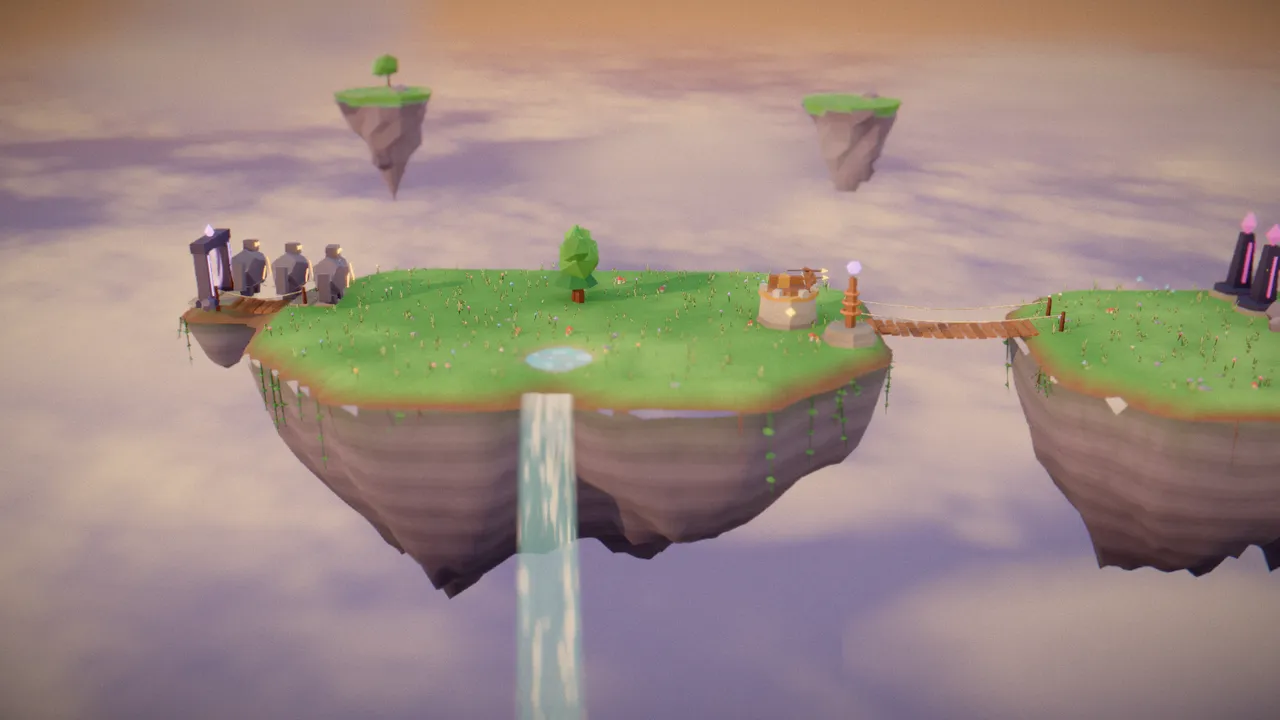 Grassy floating islands with waterfalls pouring into a sea of clouds at dusk, glowing crystal towers firing lightning at a column of shadowy creatures