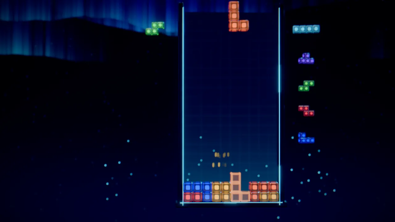 Glowing crystal blocks stacked in a dark well with green and violet aurora light behind