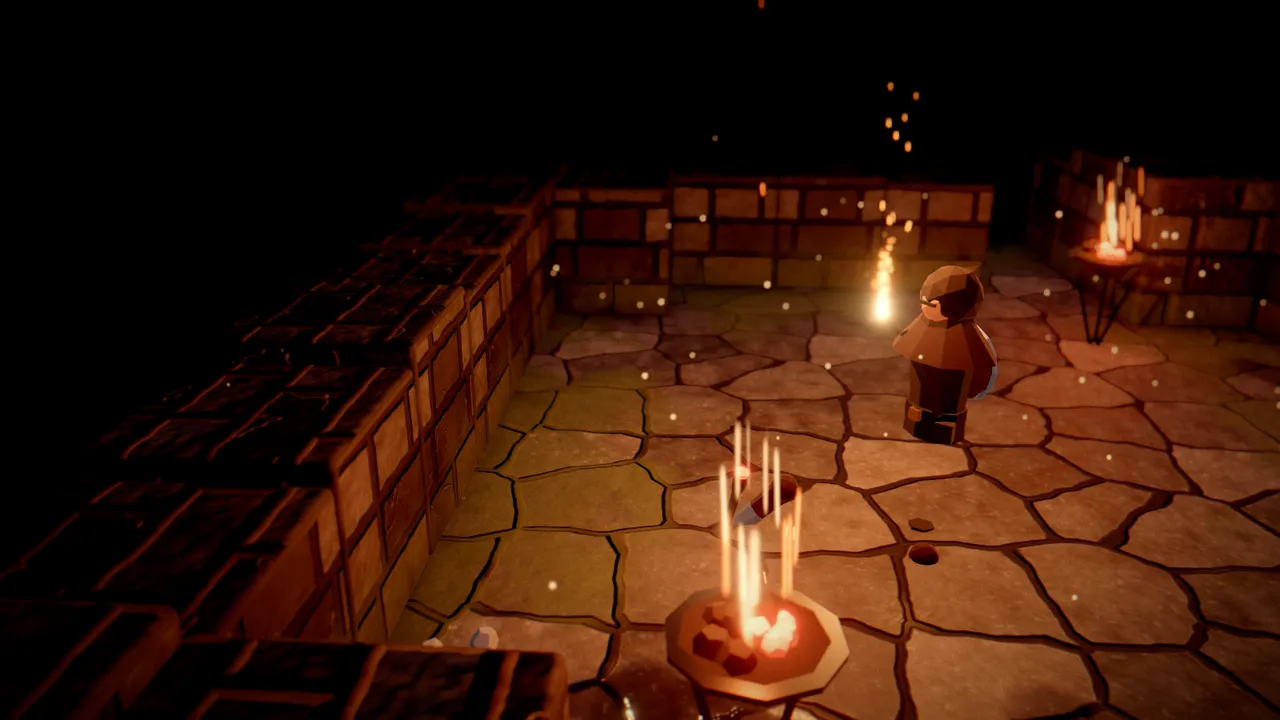 A knight holding a flickering torch in a stone dungeon corridor, moss on the walls and a brazier glowing in the dark