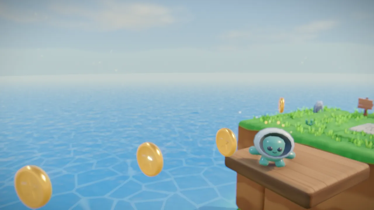 A small round astronaut hero leaping between grassy floating hills towards a glowing gold star over a sparkling lake