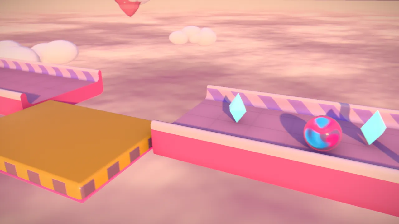 A glass marble with a pink swirl rolling across pastel mint candy tracks floating above a sea of clouds in a bright blue sky