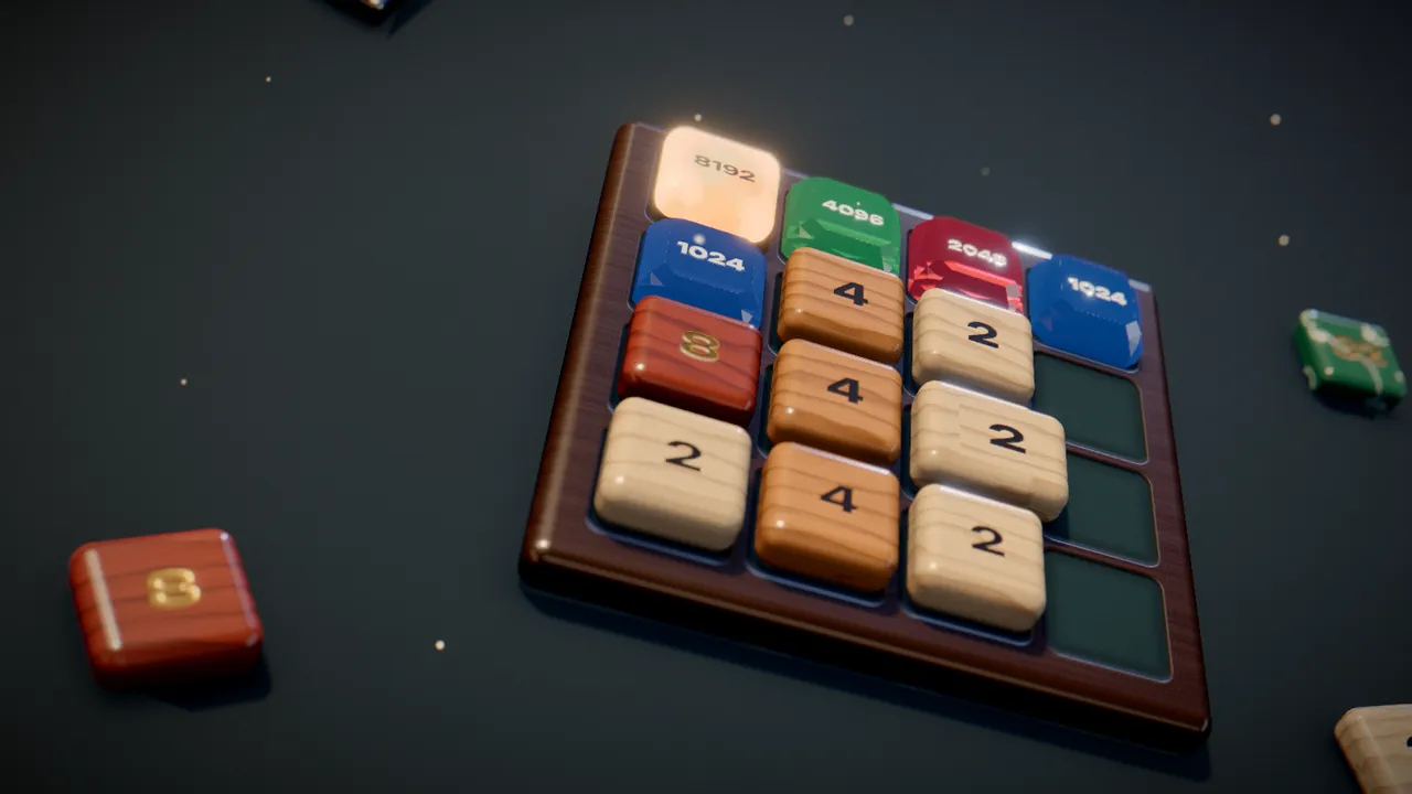 A walnut game tray holding wooden, marble, brushed metal and glowing gem number tiles under soft studio light