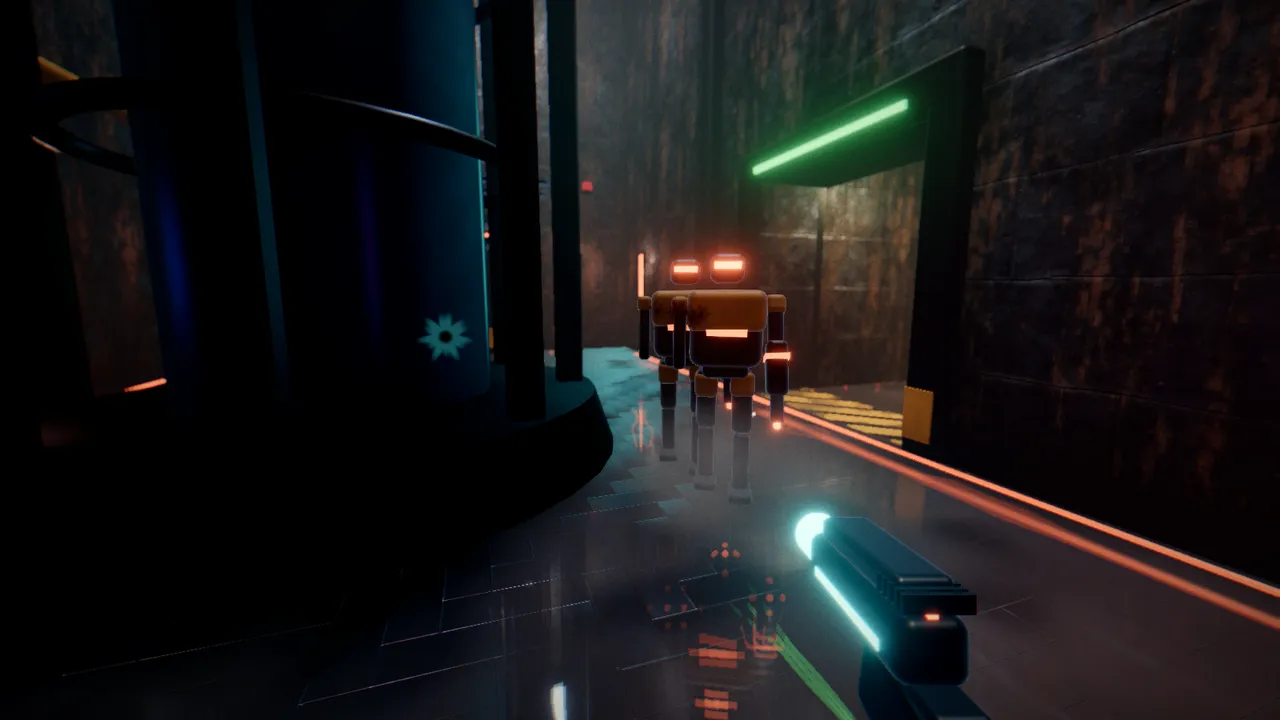First-person view down a dark industrial corridor lit by amber ceiling panels and cyan wall lights, a glowing shotgun in hand and a robot enemy ahead