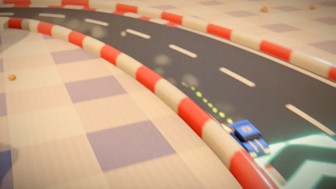 Glossy toy race cars drifting on a toy track laid across a gingham tablecloth, with a giant cereal box and mug blurred in the background