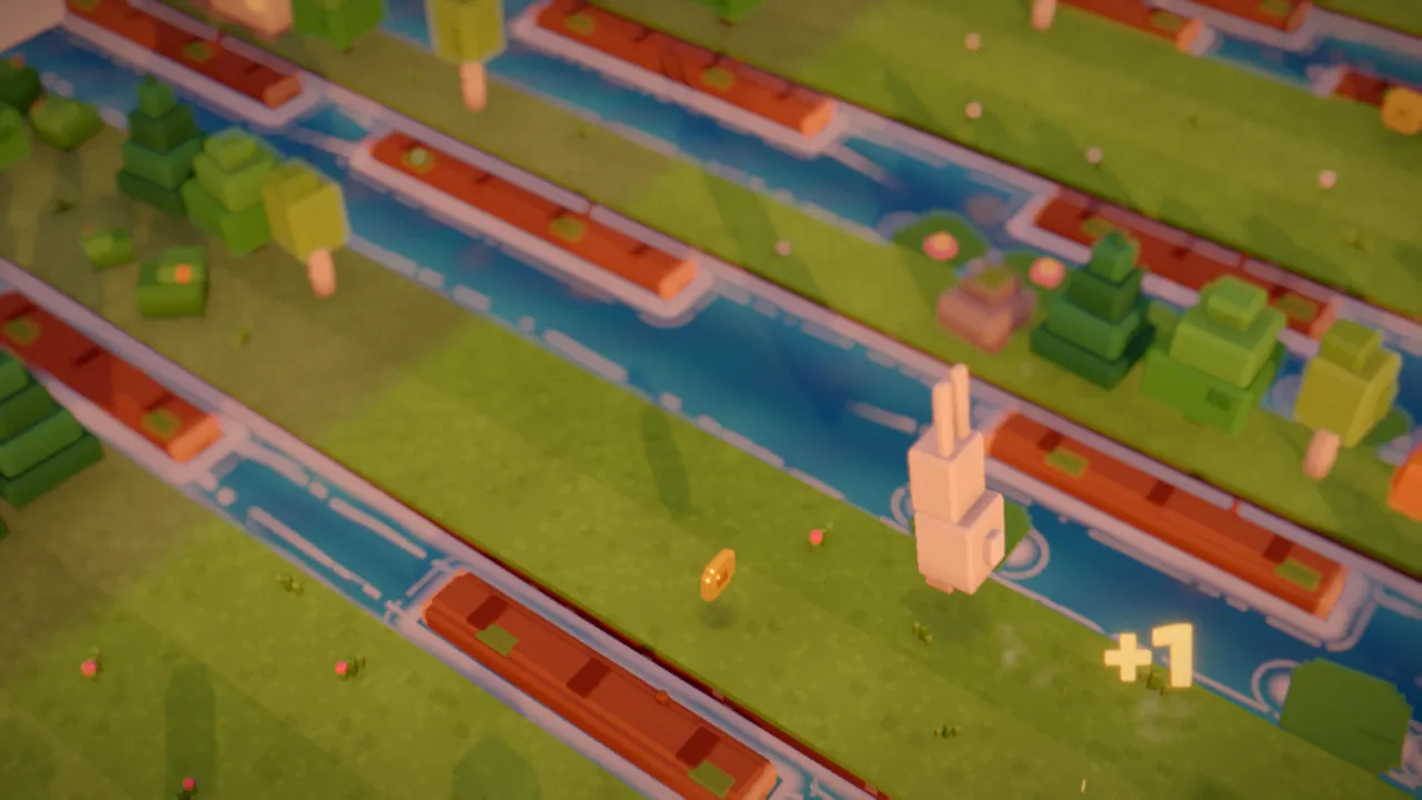 A small voxel bunny mid-hop on a tilt-shift diorama of roads, a river with floating logs and a railway at golden hour