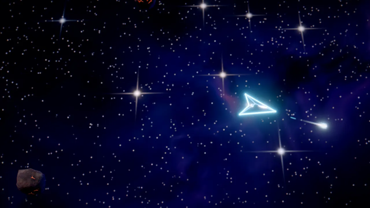 A glowing cyan wireframe spaceship drifting between dark asteroids with molten orange cracks in front of a violet nebula