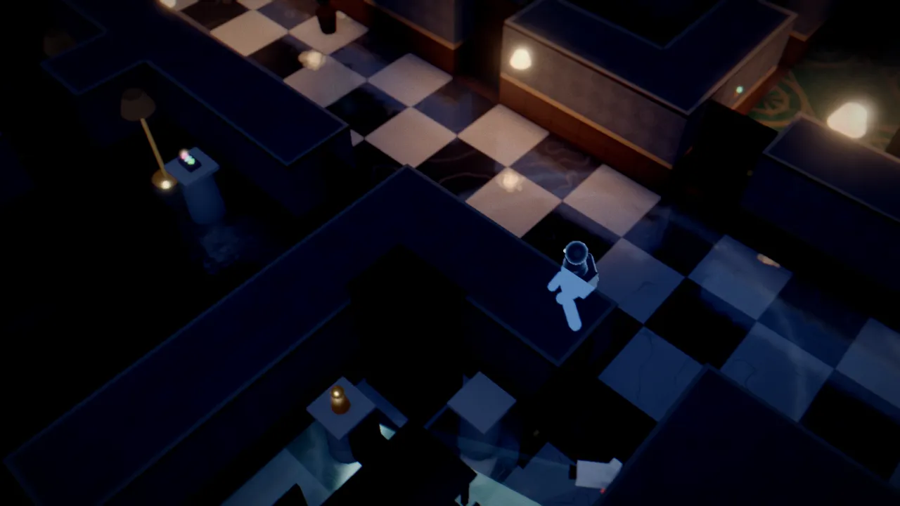 A dark thief crouched in a moonlit mansion hallway while a guard's flashlight cone sweeps across polished marble