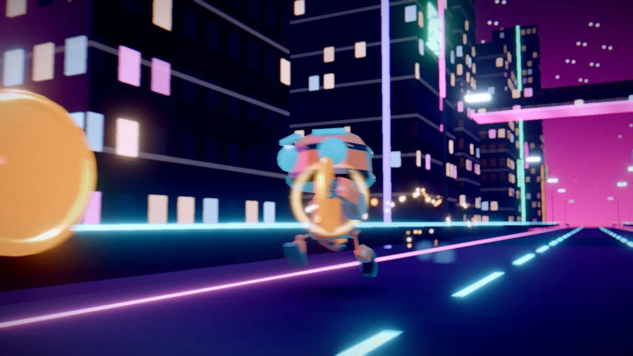 A coral robot sprinting down a neon-lit city highway at night with glowing gold coins ahead