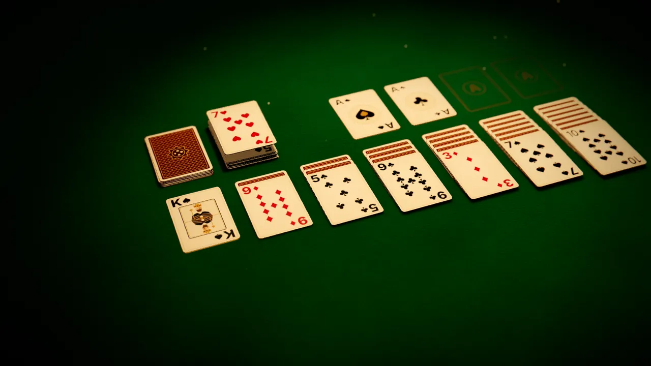 Playing cards fanned across green felt under a warm lamp, with the four aces on their foundations