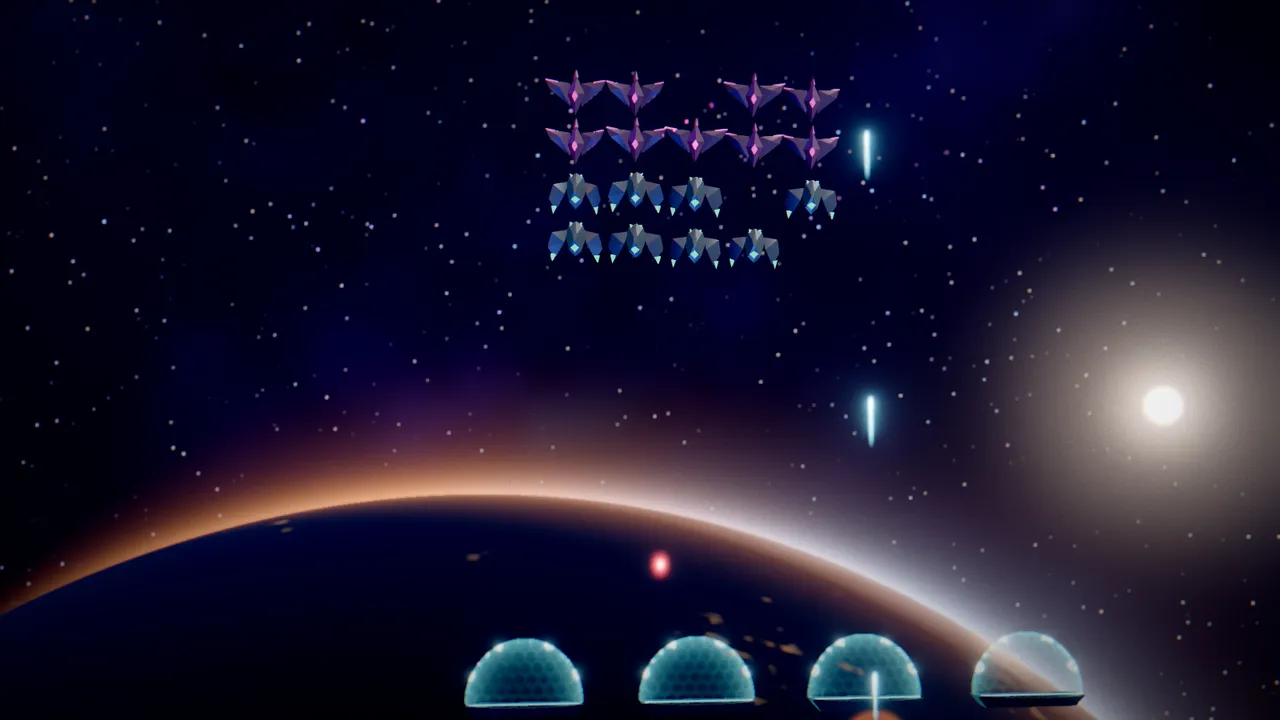 A faceted alien fleet in formation above a huge blue planet, with a player ship firing cyan lasers from behind glowing shield domes