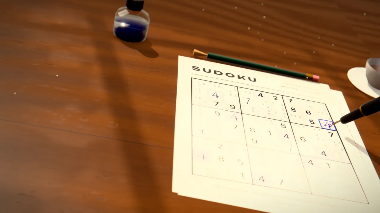 A Sudoku page with handwritten blue-black digits on an oak desk in soft window light, a fountain pen writing on it